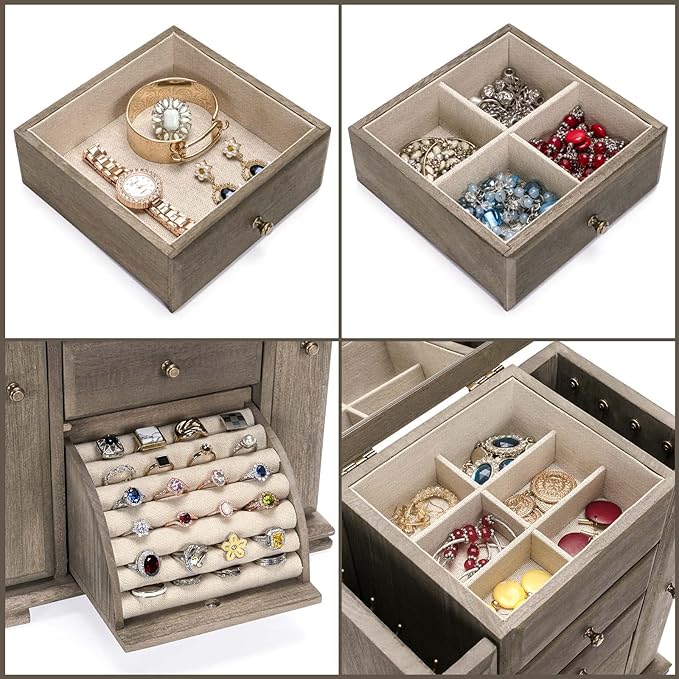 Jewelry Box for Women, Rustic Wooden Jewelry Boxes & Organizers with Mirror, 4 Layer Jewelry Organizer Box Display for Rings Earrings Necklaces Bracelets (Weathered Gray)