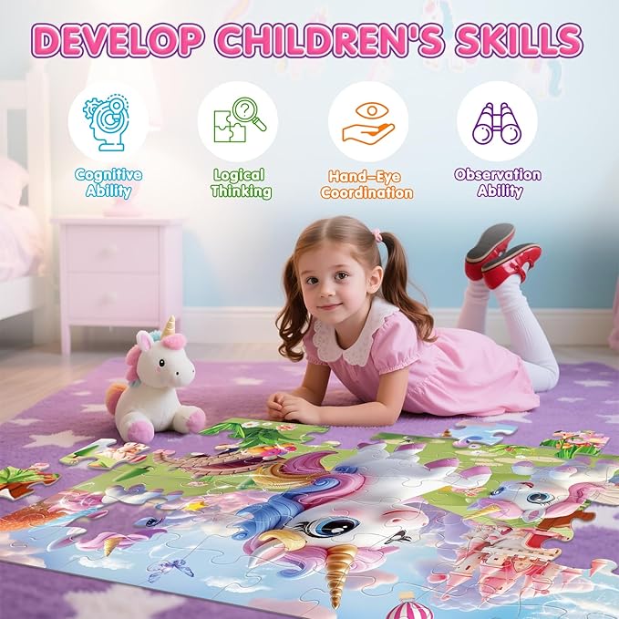 Jumbo Floor Puzzle for Kids,48 Piece Unicorn Large Jigsaw Puzzles,Puzzle for Toddler Ages 3-5,Fun Educational Preschool Learning Toy Gift for Boys & Girls Ages 4-8