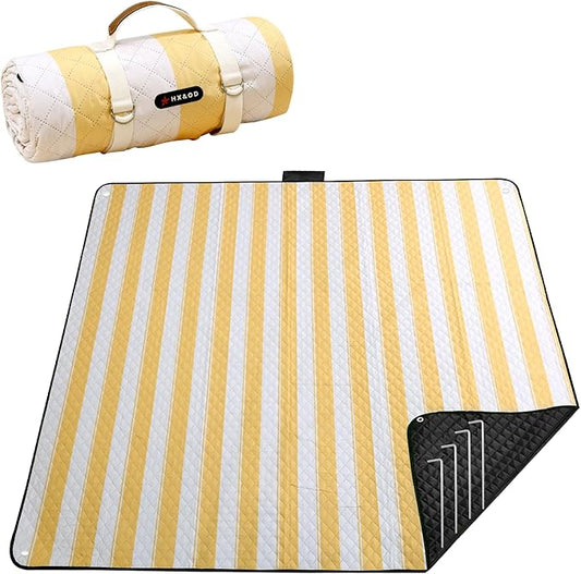 HX&OD Outdoor Picnic Blanket Extra Large, 80''*60'' Waterproof Picnic Mat with Stakes Foldable Camping Blanket Portable with Carry Strap for Beach Mat (Green& White, 80''*60'')