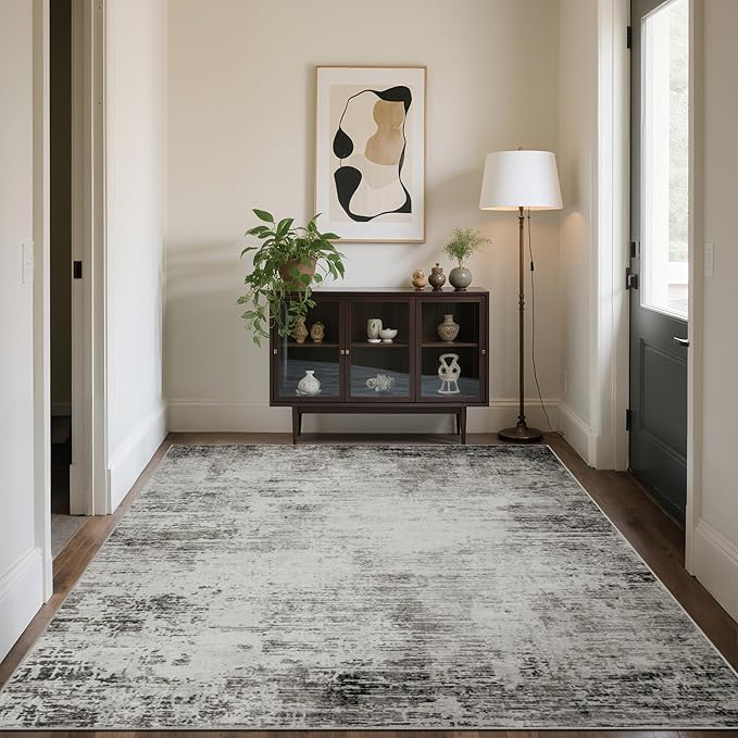 Washable Rug 6x9 Area Rugs, Abstract Washable Rugs with Non-Slip Backing, Stain Resistant Indoor Floor Carpet for Bedroom Dining Room Table Nursery Hallway Home Office-Black/Gray