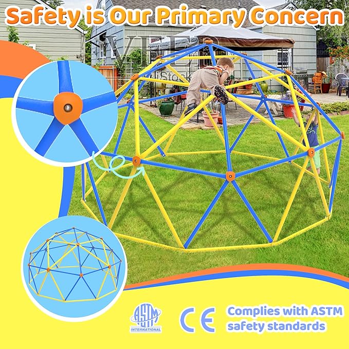 Gardenature 10FT Climbing Dome, Outdoor Jungle Gym for Kids, Geometric Dome Climber Supporting 880 Lbs Anti-Rust Metal Outdoor Play Structure ASTM Approved Blue & Yellow