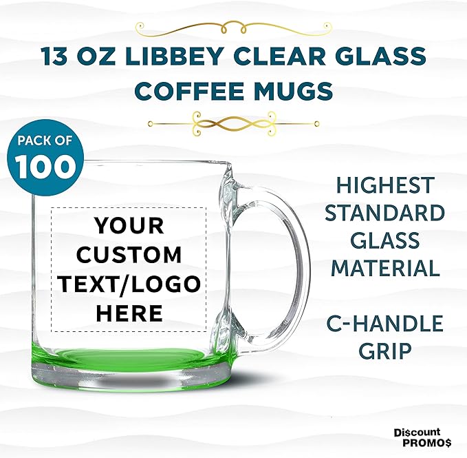 Custom Libbey Clear Glass Coffee Mugs 13 oz. Set of 100, Personalized Bulk Pack - Perfect for Coffee, Tea, Espresso, Hot Cocoa, Other Beverages - Green Bottom