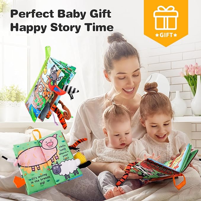 Jollybaby 2 PCS Sensory Touch and Feel Crinkle Books for Baby 0-6 Months, Jungle Farm Tails Montessori Car Set Toys for Tummy Time Newborn 6-12, Soft Fabric Cloth Books for Infant 1 Year Old Gift