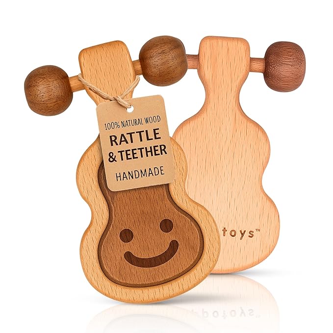 Wooden Teething Toys for Baby 0-6 Months – Organic Natural Non-Toxic Handmade Teether with Beads & Rattle for Soothing Relief – Montessori Sensory Toy for Babies, Infant Boy & Girl