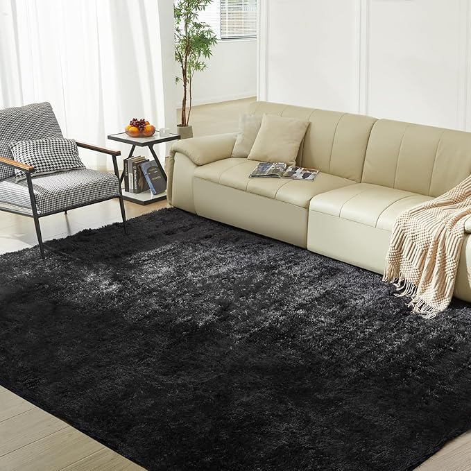 Extra Large Shag Rug, 9x12 Ultra Soft Indoor Modern Area Rugs for Living Room, Non-Skid Modern Nursery Rugs, Fluffy Carpet for Boy and Girls Room Dorm Home Decor Aesthetic, Black