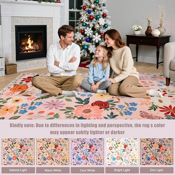 Area Rugs 9x12 Living Room: Floral Washable Rug Vintage Large Soft Boho Non-Slip Carpet Indoor Floor Stain Resistant Low Pile Carpets for Bedroom Dining Room Farmhouse Nursery Home Office Dark Beige