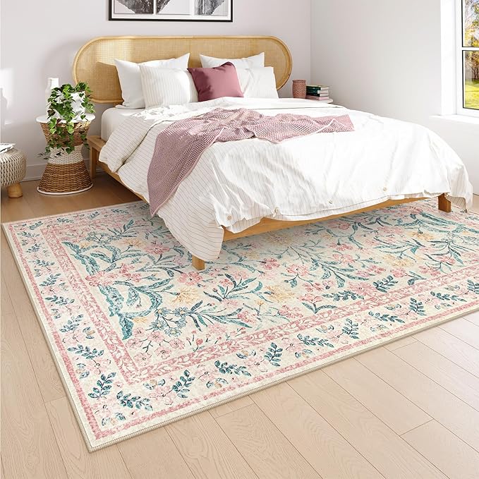 Wonnitar Machine Washable 5x7 Nursery Rug, Pink Rugs for Bedroom Girls, Boho Soft Floral Carpet Non Slip, Indoor Ultra-Thin Floor Carpet for Kid Room Living Room Dorm