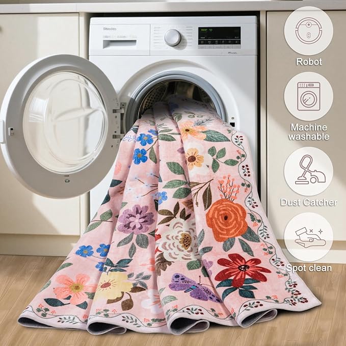 Area Rug Living Room Rugs: Floral 5x7 Washable Rug Vintage Soft Boho Non-Slip Carpet Indoor Floor Stain Resistant Large Carpets for Bedroom Dining Room Farmhouse Nursery Hallway Home Office Beige