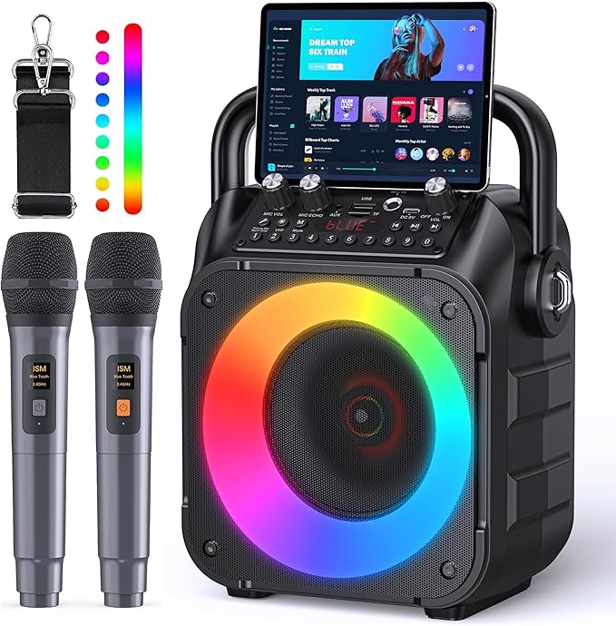 Karaoke Machine, Portable Bluetooth Speaker with 2 Wireless Microphones for Adults & Kids with Lights, Karaoke Microphone with PA System Supports USB/TF/REC/FM/AUX for Home Party Home System Packages