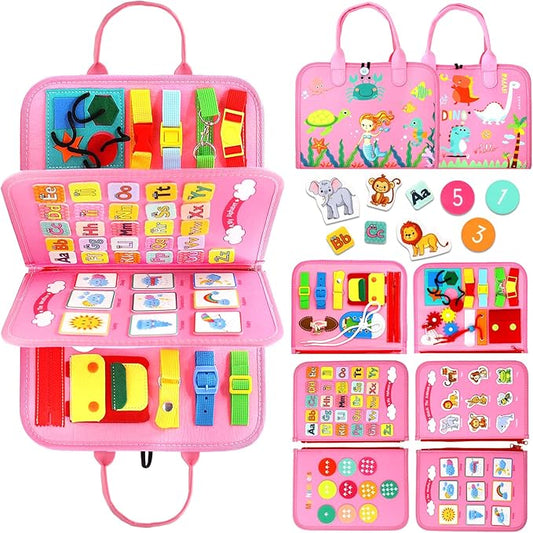 Qizfun Busy Board Montessori Toy for 1 2 3 4 Years Old, Educational Activity Sensory Board Preschool Learning Fine Motor Skills Toys, Toddler Travel Toy for Plane Car, Gift for Boys Girls (Pink/P4)