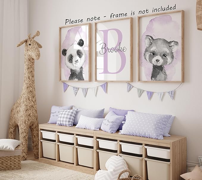 Safari Animals Set of 3 Unframed Poster Prints for Baby Girls Nursery Bedroom Playroom, Personalized Name, Choice of 12 Animals, Pink Purple (12x16)