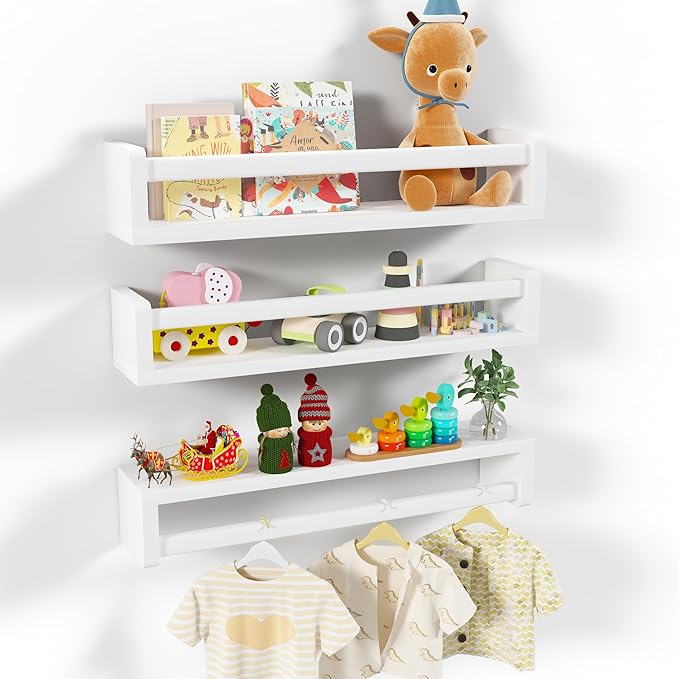 Heimlove Nursery Floating Shelves, White Nursery Book Shelves for Wall, 24 inch Wall Bookshelf for Kids Solid Wood Wall Mounted Shelves for Books,Toys and Decor Storage, Set of 3