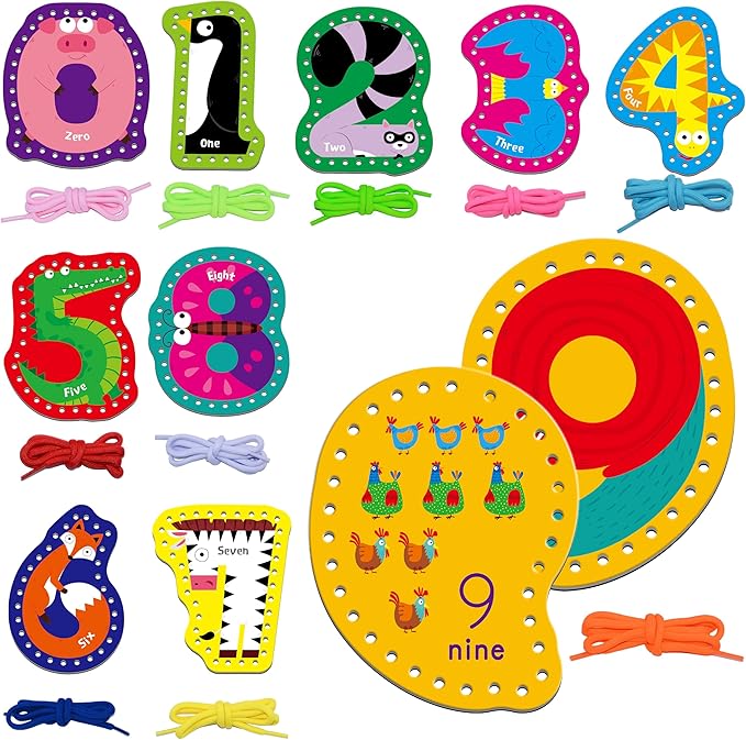 10 Pieces Number Lacing Cards, 0-9 Double Sided Sewing Cards with 10 Colorful Laces, Imagination Development Lacing Toys Games for Children Educational and Learning Activity