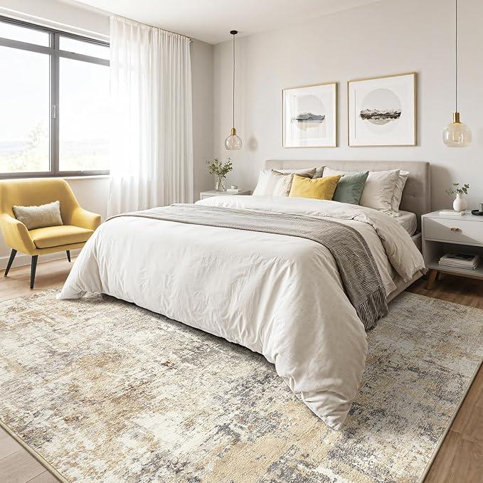 4x6 Rug Washable Area Rugs: Abstract Modern Soft Stain Resistant Indoor Floor Accent Non Slip Carpet for Living Room Entryway Kitchen Bedroom Nursery Office Bedside Home House Decor- Gray Gold