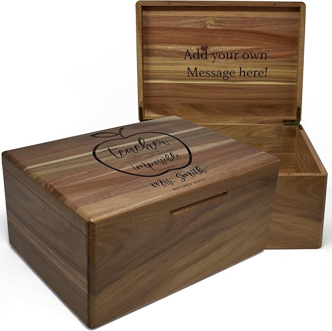 Retirement Gift for Teacher - Wooden Keepsake Box, Teacher Appreciation Gifts Personalized, Farewell Gift for Teachers, Keepsake Chest Acacia Wood, Custom Engraved Design, 11.5 x 8.5 x 5.5 in