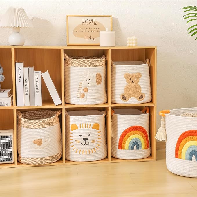 INough Toy Storage Baskets Woven Cotton Rope Storage Basket Kids Blanket Baskets for Living Room, Toys Organizer with Embroidery Colorful Rainbow Decor, Baby Basket for Laundry Nursery (Boho Rainbow)