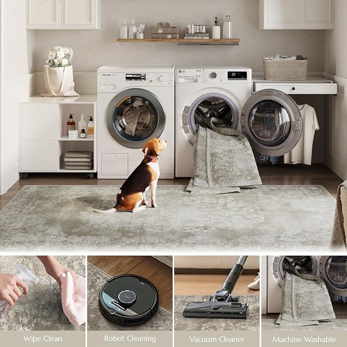 jinchan Washable Area Rug 3x5 Entryway - Soft Distressed Vintage Floral Indoor Bedroom Rug Faux Wool Low Pile Small Oriental Accent Carpet for Kitchen,Entrance,Bedside,Dining Room(Brown,3'x5')