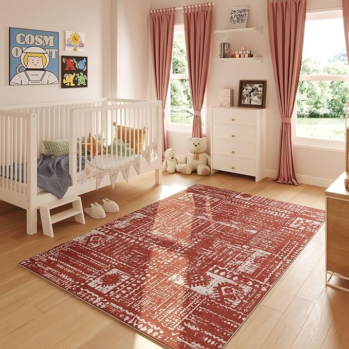 Area Rugs 8x10 Rug for Living Room Clearance Washable Boho Area Rug Non Slip Moroccan Vintage Low Pile Large Rug for Living Room, Bedroom, Farmhouse, Dining Room, Kids Playroom(Terracotta)