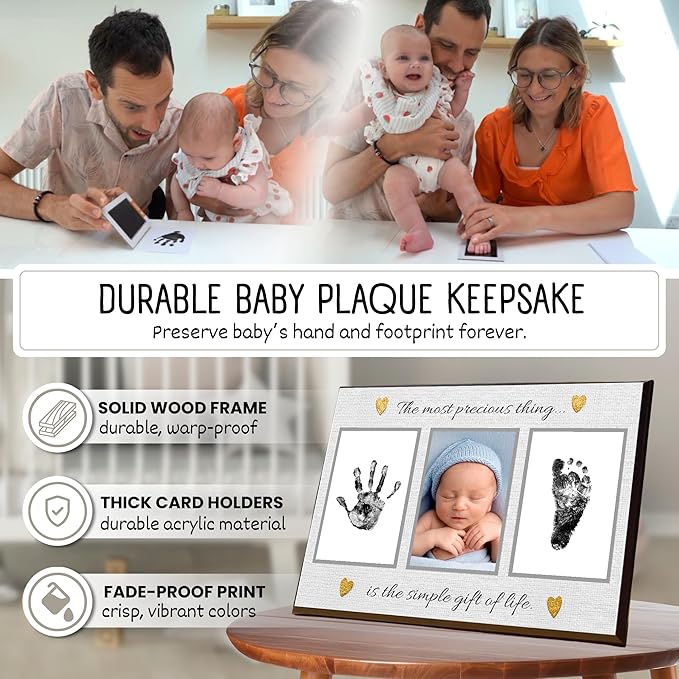 Baby Hand and Footprint Kit with Photo & Birth Details, Inkless Hand and Footprint Kit, Newborn Keepsake Plaque, Baby Shower Gifts (STYLE 2 (Baby Shower) (Most Precious Thing))