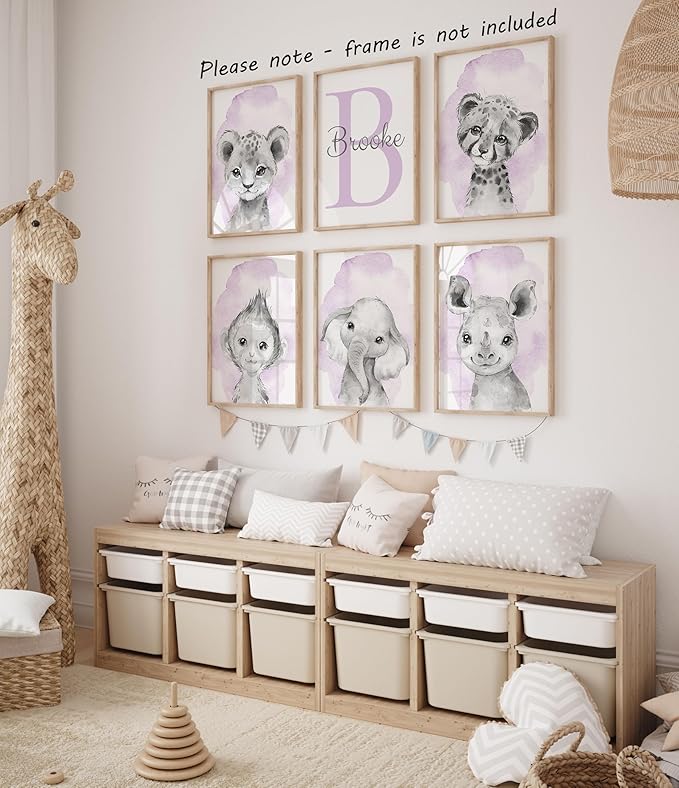 Safari Animals Set of 6 Unframed Poster Prints for Baby Girls Nursery Bedroom Playroom, Personalized Name, Choice of 12 Animals, Pink Purple (12x16)