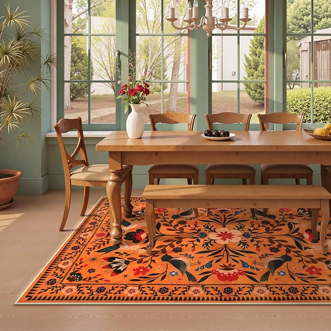 Moynesa Washable Area Rugs 5x7, Ultra Thin Soft Rugs for Living Room Bedroom Non Slip, Indoor Boho Bird Patterned Orange Floral Throw Carpet for Playroom Office Kitchen Stain Resistance