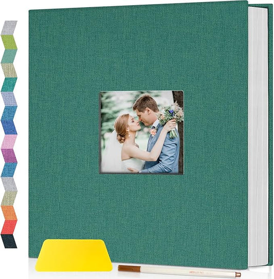 popotop Photo Album Self Adhesive with Picture Display Window,60 Pages DIY Scrapbooking Supplies Kit for 4x6 10x12 Picture,Linen Cover Memory Book for Baby Wedding, with Scraper and Metallic Pen