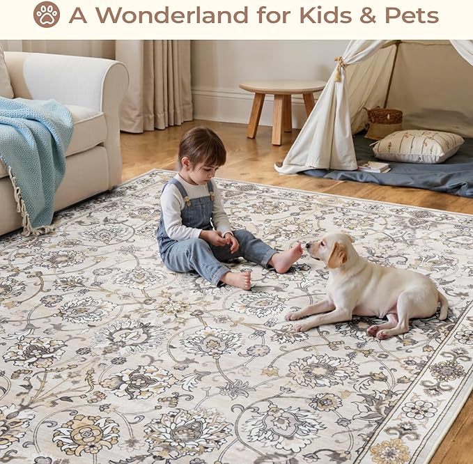 6x9 Area Rug for Living Room & Bedroom, Washable Non-Slip Vintage Rugs, Neutral Floral Soft Carpet, Low Pile Wool Carpets for Indoor Dining Home Office Playroom Under Table, Beige