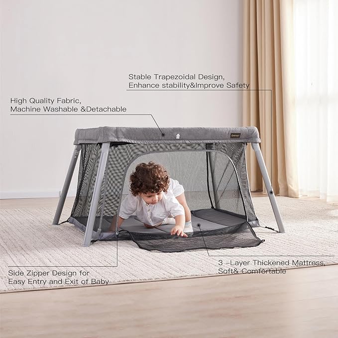 2 in 1 Portable Travel Crib for Toddler, Foldable Crib for Baby, Lightweight Playpen Collapsible Playard with Soft Mattress, Easy to Carry Baby Travel Bed for Outdoor, Indoor (Grey)