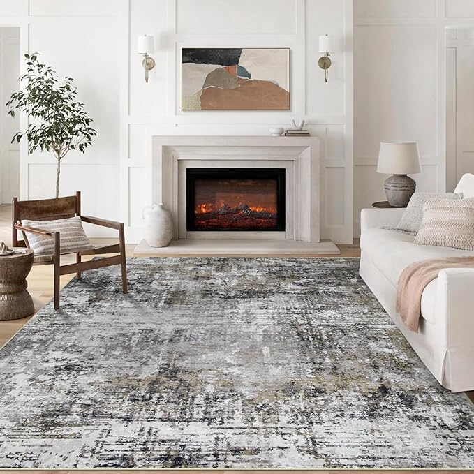 9x12 Area Rugs for Living Room Rug Washable: Modern Large Rug for Dining Room Bedroom Carpet Non Slip 9 by 12 Indoor Abstract Nursery Home Office Black Gold