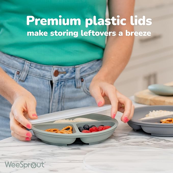 WeeSprout Silicone Plates for Babies & Toddlers (3 Pack) 100% Food-Grade Dishes for Self Feeding, Divided Design & Raised Edges for Picky Eaters, Dishwasher & Microwave Safe Weaning Supplies