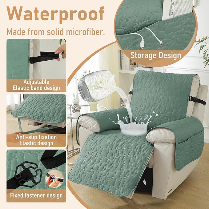 100% Waterproof Recliner Chair Covers for Reclining Chair, Small Recliner Covers That Stay in Place, Non-Slip Recliner Armchair Cover with Pockets for Kids, Pets, Dogs, Cat, Washable,Green,28I