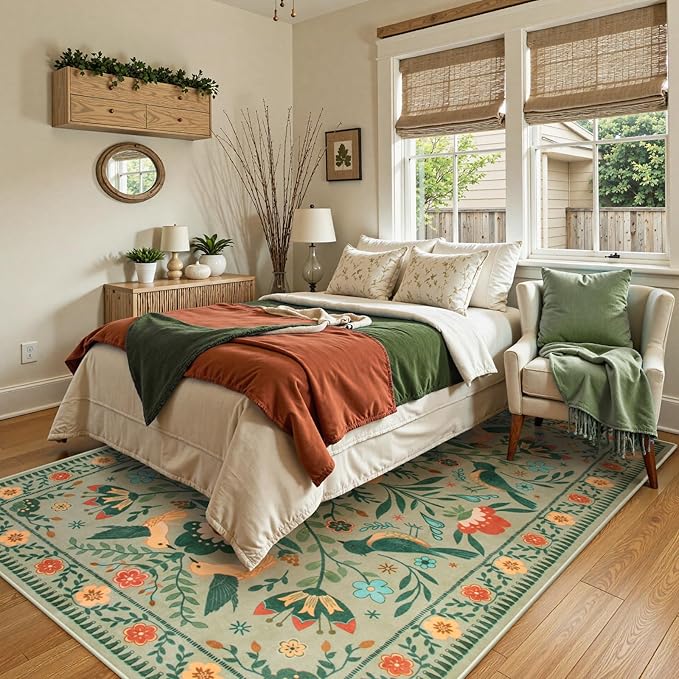 Moynesa Boho Area Rugs 5x7, Ultra Thin Soft Washable Rugs for Living Room Bedroom Non Slip, Stain Resistant, Indoor Bird Patterned Sage Green Large Carpet for Kitchen Entryway Office