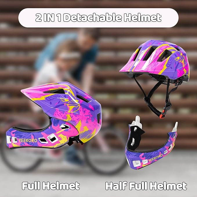Kids Bike Helmet with Chin Guard, Adjustable Detachable Children’s Full Face Helmet for Girls and Boys, Cycling Helmets Skateboard, Scooter