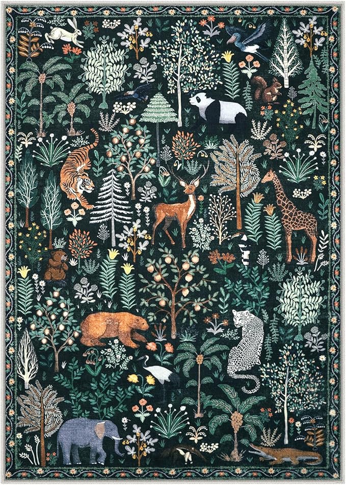 OJIA Jungle Print 8x10 Rugs for Living Room, Green Soft Bedroom Rug Washable Area Rugs 8x10, Modern Dining Room Rug Stain Resistant Floor Carpet for Playroom Kids Nursery Office, Green