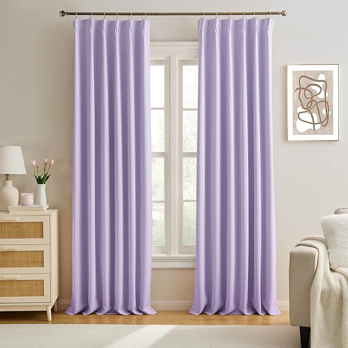KEQIAOSUOCAI Lilac Blackout Curtain Drapes Pleated with Hooks,Thermal Insulated Solid Drapes Light Blocking Window Treatment for Bedroom Living Room(Lavender, 2 Panels, W40 x L102)