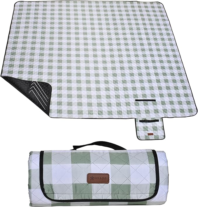 HX&OD Outdoor Picnic Blanket, Extra Large, 80''x80'' Waterproof Foldable Blankets Gingham Picnic Mat for Beach, Camping Grass Lawn Park Accessories Cute Couple Ideas Wedding (Green, 80”x80”)