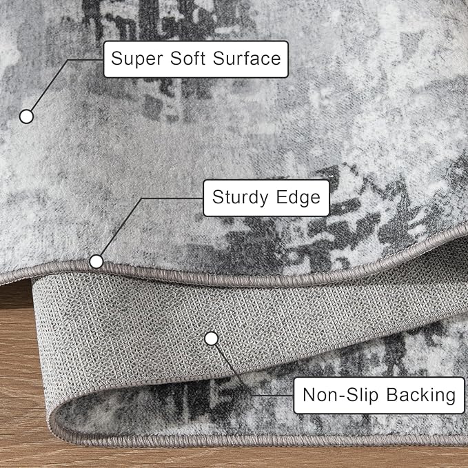 Kelarea Living Room Rug 4x6 Grey Area Rug Machine Washable Rugs, Non Slip Abstract Vintage Indoor Carpet for Bedroom, Nursery, Classroom, Dining Room, Home Office