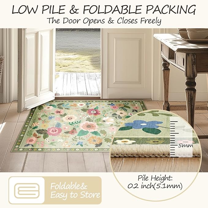 Floral 8ft Area Rug Machine Washable Soft Print Boho Carpet Non Slip Doormat Low Pile Flower Area Rugs for Living Room Bedroom Nursery Kitchen Dining Room Indoor-Light Green