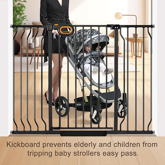 owlie 37.4" Extra Tall Wide Baby Gate for Stairs Doorways,75-85 Inch Extra Large Long Baby Gate with Door Indoor Safety Metal Pressure Mounted Pet Gate with Walk-Thru Auto Close, Black