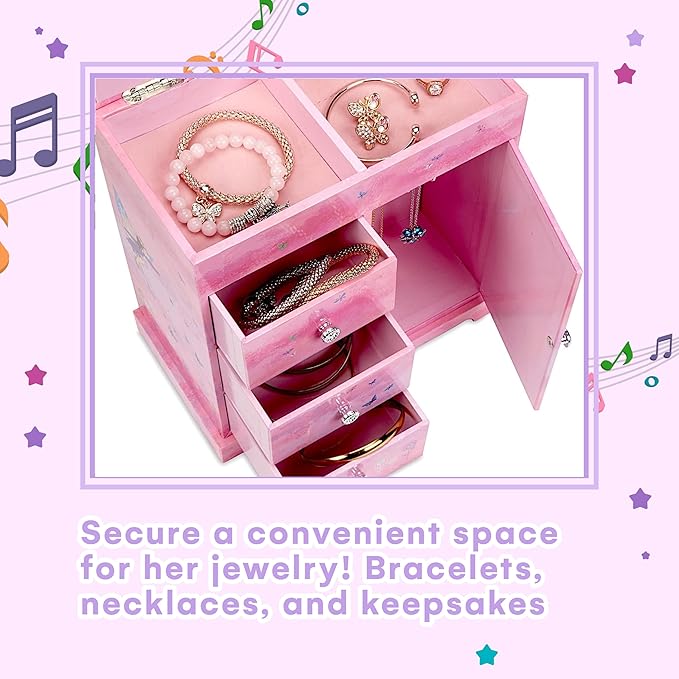 Jewelkeeper Jewelry Box - Jewelry Box for Girls with Ballerina Music Box - 3 Spacious Drawers, Necklace Carousel, Soft Pink Lining and Flowers Design - Sugar Plum Fairy Tune - 9.5 x 7.75 x 9.5 in
