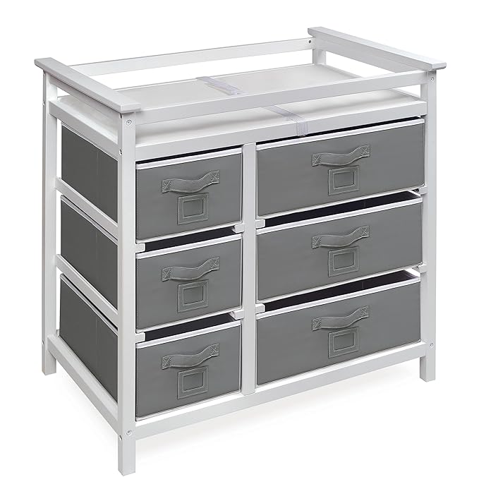 Badger Basket Modern Baby Changing Table - Diaper Station Organizer with 6 Storage Drawers, Reversible Baskets, Safety Rails - Baby Nursery Furniture with Changing Pad and Belt - White