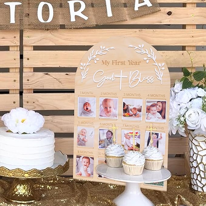 God Bless My First Year Photo Board - 1st Holy Communion Monthly Photos Display,God Bless 1 To 12 Months Photo Wooden Board,Baby Baptism Party Milestone Photos,Wooden Cross Photo Board (God Bless)