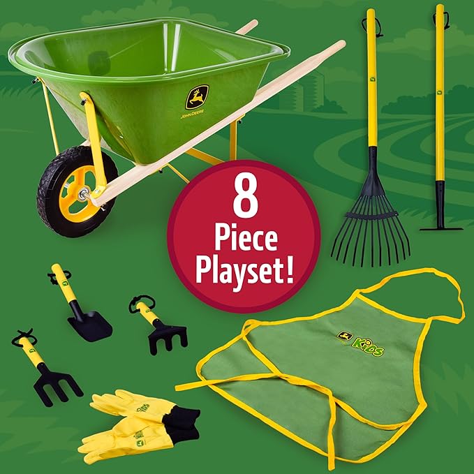 John Deere Deluxe 34" Wheelbarrow and Garden Set Includes 5 Realistic Gardening Tools,Gardening Apron, Gardening Gloves, Large Metal Wheelbarrow with Wooden Handles, Outdoor Toy Ages 5+