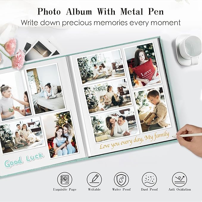 Spbapr Large Photo Album Self Adhesive 3x5 4x6 5x7 8x10 Pictures Magnetic Scrapbook 40 Blank Pages Linen Cover DIY Album with A Metal Pen Turquoise