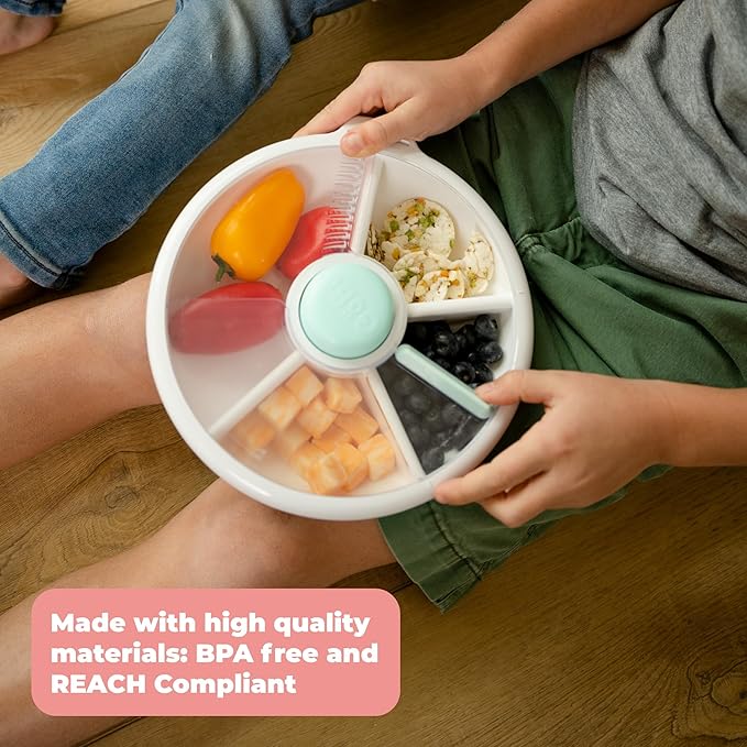 GoBe Kids Large Snack Spinner Slide Bundle with Hand Strap and Sticker Sheet - Reusable Snack Container with 4 Compartment Dispenser and Lid | BPA/PVC Free | Dishwasher Safe | No Spill - Taro Purple