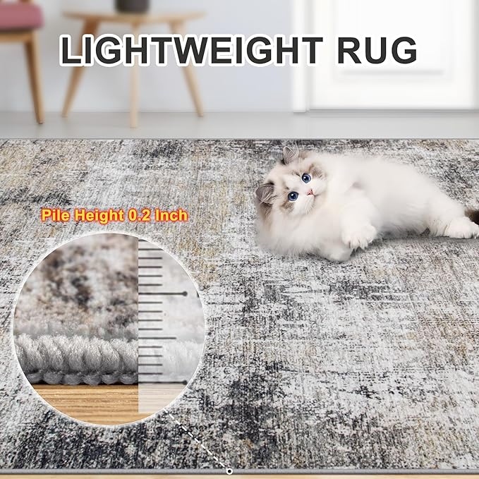 8x10 Area Rugs for Living Room - Washable Rug Modern Abstract Soft Large Neutral Non-Slip Carpet Indoor Floor Thin Carpets for Bedroom Dining Room Farmhouse Nursery Home Office Brown Black Grey