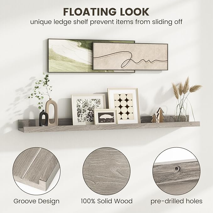 Picture Ledge Shelf - 24 Inches Floating Shelves Set of 2 - Rustic Elm Wood Ledge Shelves for Toys Storage, Kids Bookshelf Wall Mounted for Bedroom, Living Room, Kitchen - 24 Inches - Grey