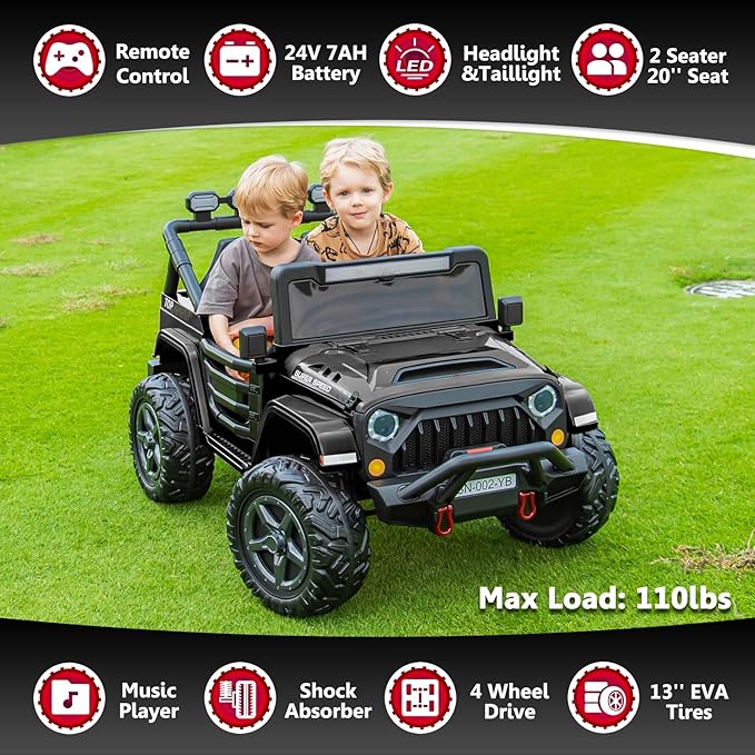 24V 2 Seater Ride On Truck with Remote Control 4WD Electric Car for Kids Ride On Car Battery Powered Ride On Toy Car with Music Player, LED Lights, Bluetooth, Rear Shock Absorber, Black
