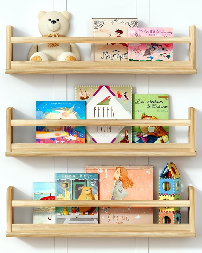 Natural Wood Wall Bookshelf for Kids Bedroom Set of 3, 24 Inch Wooden Floating Nursery Book Shelves for Baby Boys Girls Room, Mounted Toddler Book Shelf for Toy Organizers and Storage