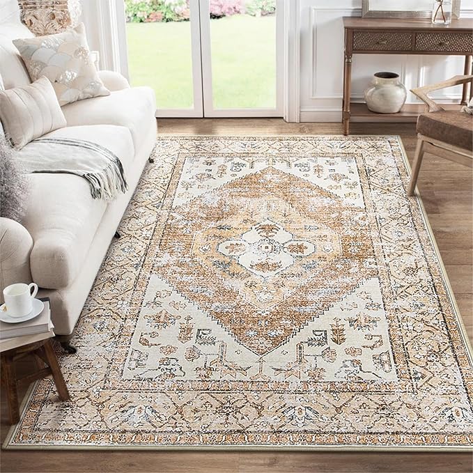 Lahome Boho Area Rug for Living Room - 4x6 Rug Washable Non-Slip Throw Bedroom Rug Lightweight Non-Shedding Large Kitchen Carpet, Oriental Distressed Print Carpet for Office Classroom Dining Room